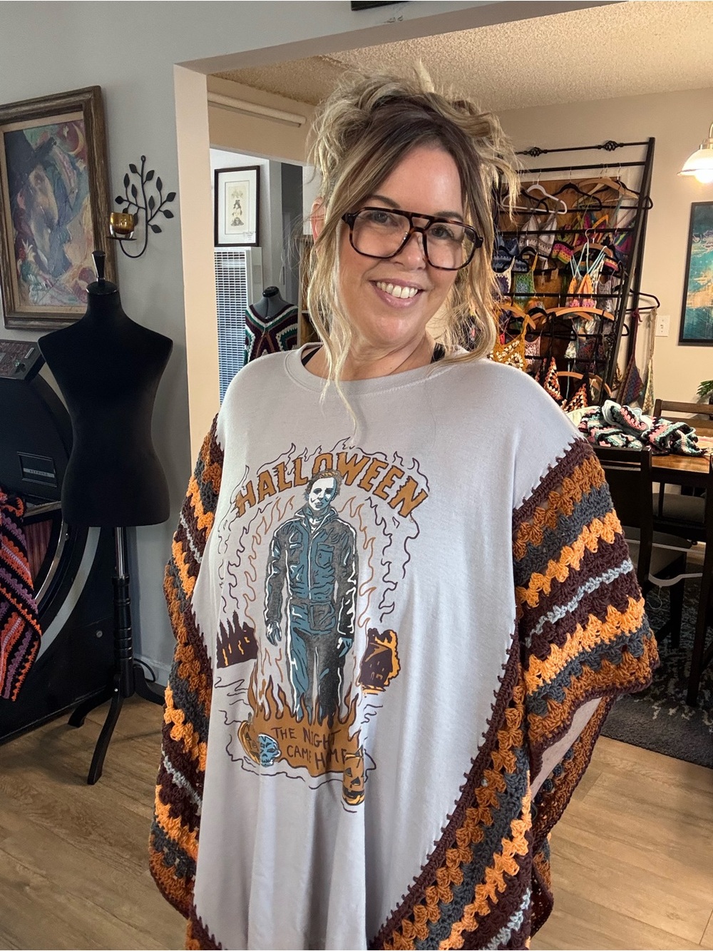 Halloween Graphic Poncho Sweater - White with Orange & Brown